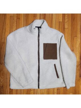 NATIVE YOUTH White Zip-Up Fleece Sweater with Brown Accents